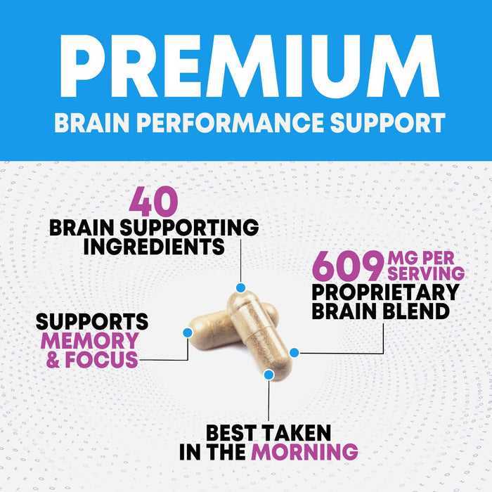 Brain Memory Supplement Pills - Nootropics Support for Concentration, Clarity, Alertness & Focus - Brain Health with Bacopa, Cognitive Vitamins, Phosphatidylserine, DMAE - Brain Booster - 180 Capsules