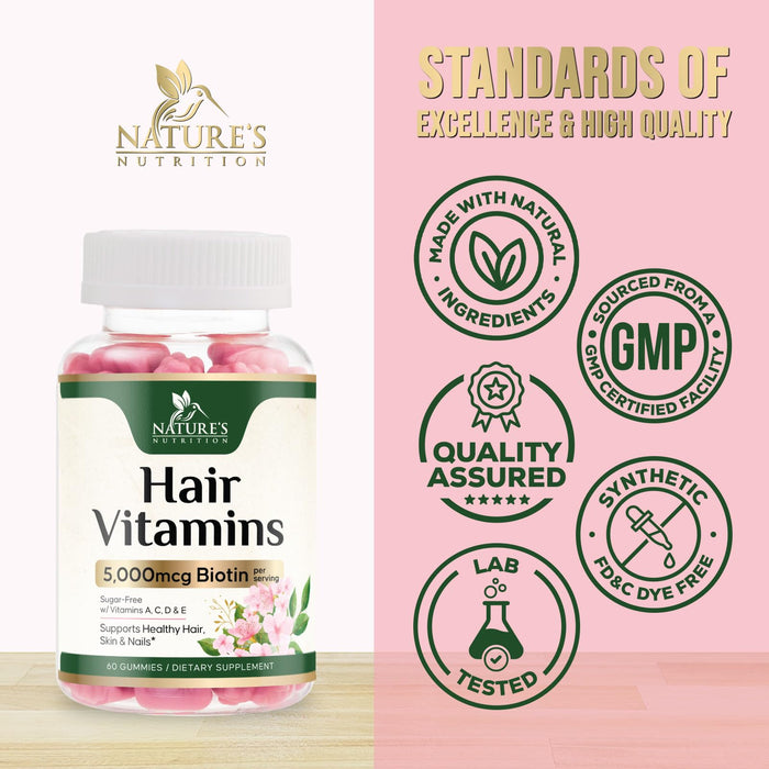 Hair Vitamins Gummies with Biotin 5000 mcg - Stronger, Radiant Hair, Skin & Nails Supplement - Vitamin E & C, Hair Growth Support Vitamin for Women & Men, Non-GMO & Gluten Free - 60 Gummies
