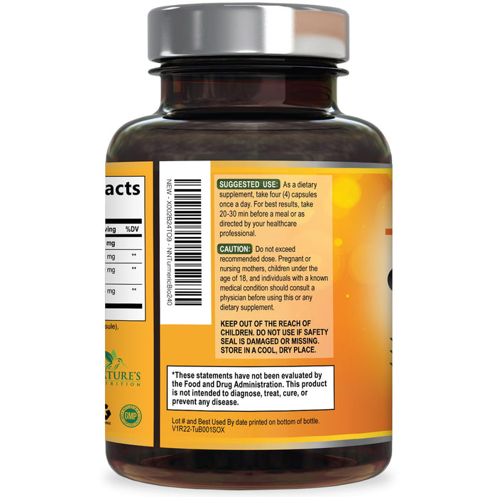 Turmeric Curcumin Supplement with BioPerine 95% Curcuminoids 2600mg with Black Pepper for Best Absorption, Bottled in USA, Best Natural Vegan Joint Support, Nature's Non-GMO Tumeric - 240 Capsules