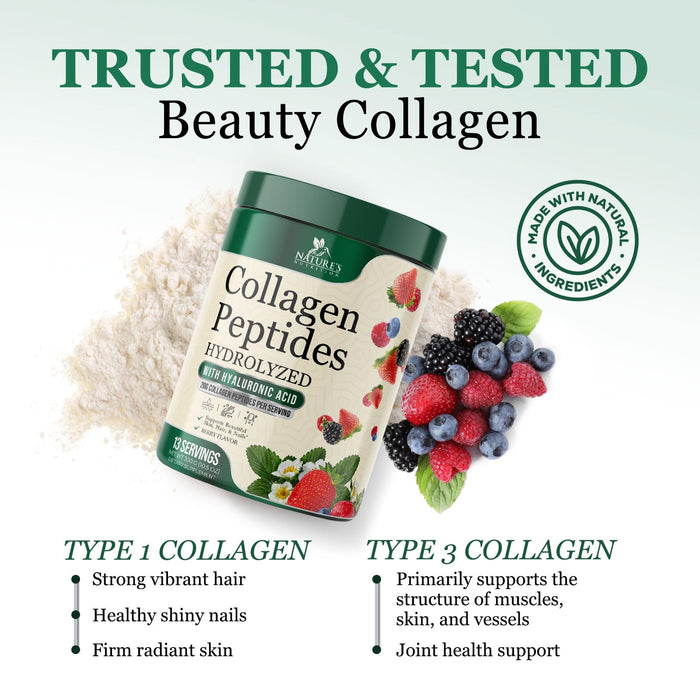 Collagen Peptides Powder 20g - Hydrolyzed Type 1 & 3 Berry Flavor Collagen Powder - Biotin, Hyaluronic Acid, Vitamin C - Hair, Skin, & Nails Support Supplement for Women & Men - Bottled in USA, 10.5oz