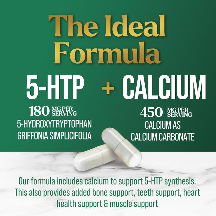 5 HTP 200mg Capsules Vegetarian Supplement - 5HTP Plus Calcium for Brain Support - Extra Strength Griffonia Simplicifolia 5-HTP Formula - 5 Hydroxytryptophan - Gluten Free & Non-GMO - 60 Capsules
