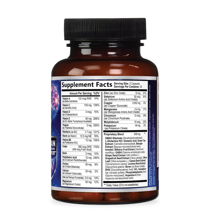 Brain Memory Supplement Pills - Nootropics Support for Concentration, Clarity, Alertness & Focus - Brain Health with Bacopa, Cognitive Vitamins, Phosphatidylserine, DMAE - Brain Booster - 60 Capsules
