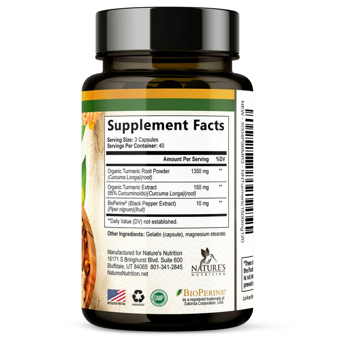 Turmeric Curcumin Supplement 1500mg - Organic Tumeric & BioPerine Black Pepper for Best Absorption with 95% Curcuminoids, Nature's Joint & Immune Support, Non-GMO, Bottled in USA