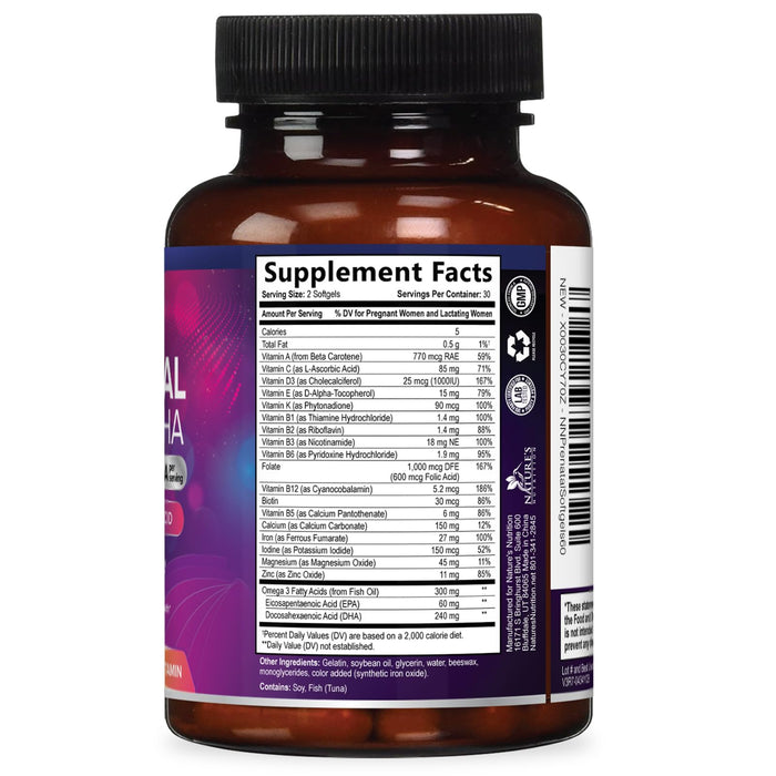 Prenatal Vitamins with Folic Acid & DHA, Fetal Brain Development Support with Folate & Omega 3's, Prenatal Multivitamin for Women, Vitamin A, C, D, B6, B12 & Iron, Pregnancy Supplement - 60 Softgels