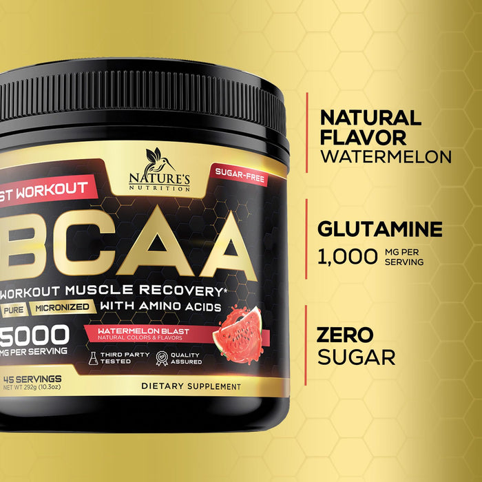 BCAA Powder 4g BCAA Amino Acids 2:1:1, 1g L-Glutamine, Vitamin B6 Complex - Energy Daily Powder Replenisher Post Workout - Muscle Recovery Support Drink for Men & Women, Sugar Free, Keto - 45 Servings