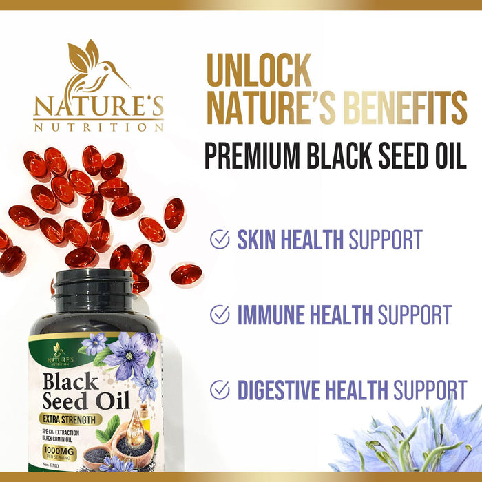 Black Seed Oil Softgels 1000mg - Premium Nigella Sativa Blackseed, Pure Natural Black Cumin Seed Oil & Antioxidant for Skin & Immune Support - Non GMO, Bottled in USA Supplement - 60 Softgels