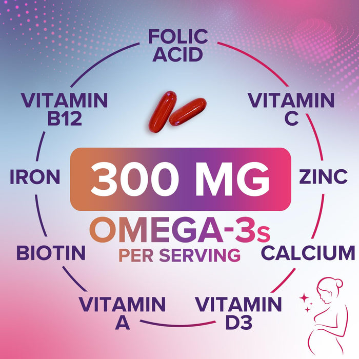 Prenatal Vitamins with Folic Acid & DHA, Fetal Brain Development Support with Folate & Omega 3's, Prenatal Multivitamin for Women, Vitamin A, C, D, B6, B12 & Iron, Pregnancy Supplement - 60 Softgels
