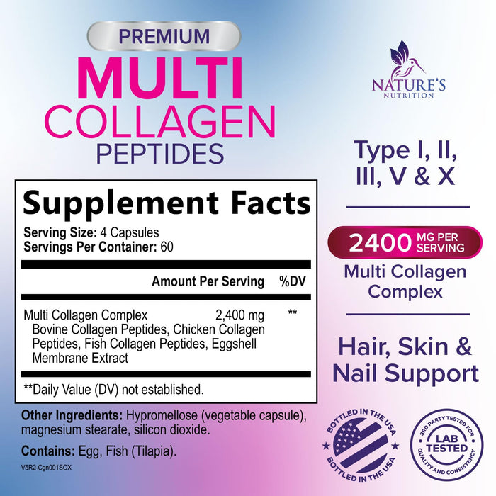 Multi Collagen Peptides Supplement - Hydrolyzed Types I, II, III, V & X Multi Collagen Pills, Hydrolyzed Collagen Peptides Supplements, Hair, Skin, Nail, and Joint Support Supplement, 240 Capsules