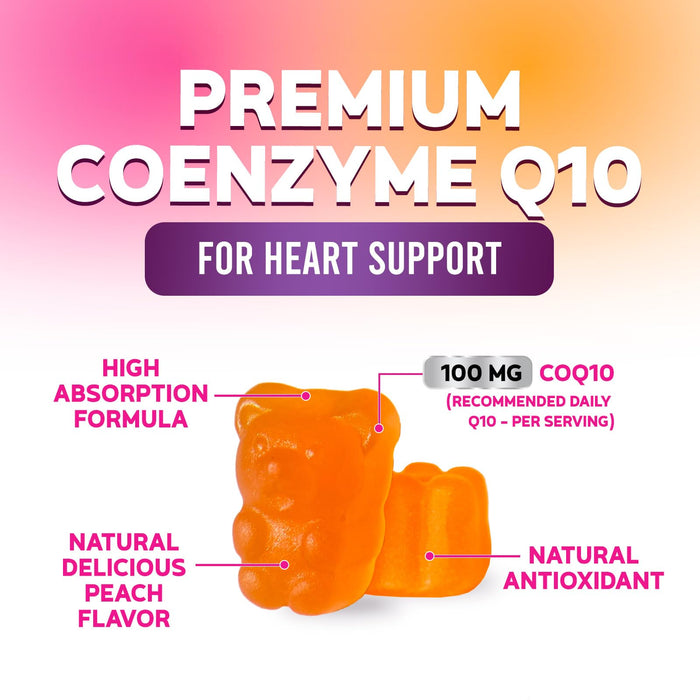 Nature's Nutrition CoQ10 Gummies 100mg – High Absorption Coenzyme Q10 Supplement for Heart Health, Energy & Antioxidant Support – Peach Flavor Gummy, Vegan, Non-GMO, Gluten Free – 60 Count