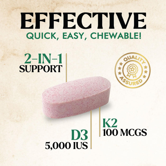 Vitamin D3 K2 Supplement | 5000 IU D3 + K2 100 mcg | MK-7 K2 with Vitamin D | Supports Immune, Heart, Teeth & Bone Health - Nature's Easy to Chew, VIT D3 K2, Non-GMO, Tasty Berry Flavor - 120 Tablets