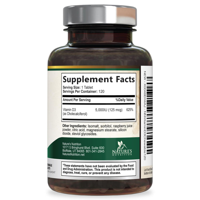 Vitamin D3 5000 IU (125 mcg) Nature's Extra Strength Vitamin D Supplement Chewable for Immune Support Health - Bone, Teeth and Muscle Supplements - Sugar Free, Non-GMO, Gluten Free - 120 Count Tablets