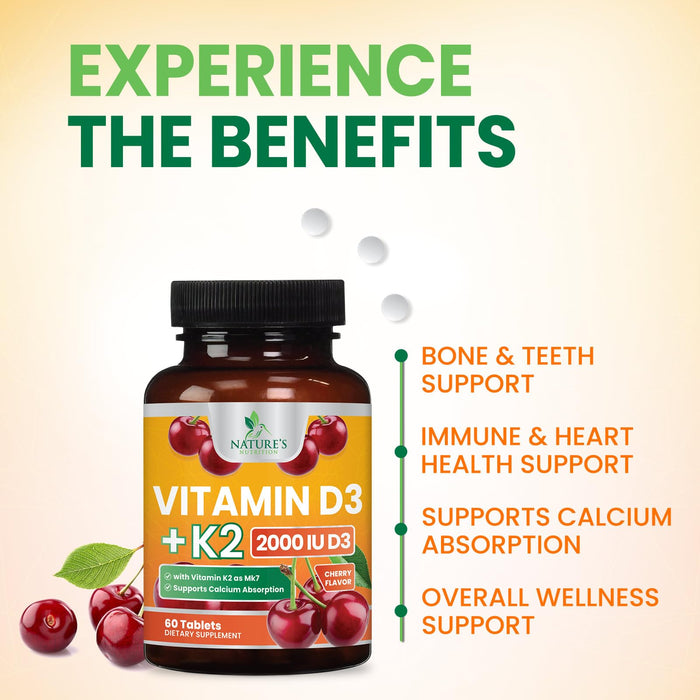 Vitamin D3 K2 2000 IU Plus with K2 (MK-7) 75 mcg - Vitamins D & K Complex Supplement for Bone, Teeth, Muscle, Calcium Absorption, Supports Immune & Heart Health, Non-GMO Chewable Formula - 60 Tablets