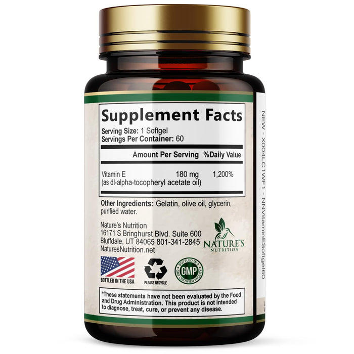 Vitamin E 400 IU Softgels (180mg DL-Alpha) for Women & Men, Supplement for Max Absorption, Nature's Antioxidant for Skin, Heart, Eye, and Immune Health Support, Dairy, Gluten & Soy Free