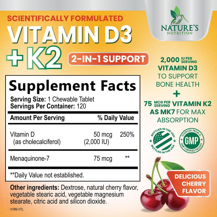 Vitamin D3 K2 2000 IU Plus with K2 (MK-7) 75 mcg - Vitamins D & K Complex Supplement for Bone, Teeth, Muscle, Calcium Absorption, Supports Immune & Heart Health, Non-GMO Chewable Formula - 120 Tablets