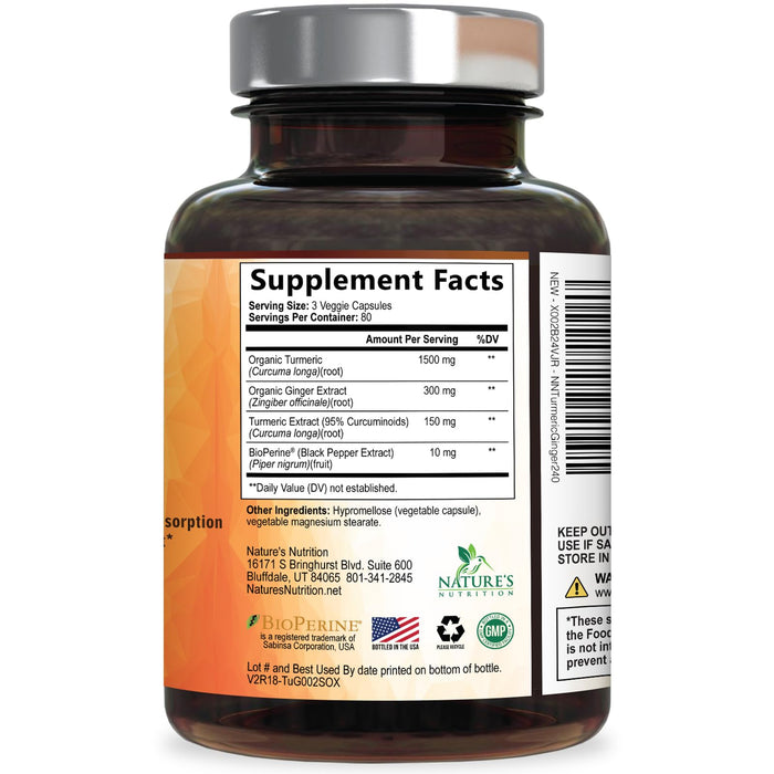 Turmeric Curcumin Supplement 1950mg - 95% Curcuminoids with Organic Turmeric & Ginger, BioPerine Black Pepper for Best Absorption, Nature's Vegan Joint Support, Non-GMO, Bottled in USA - 240 Capsules