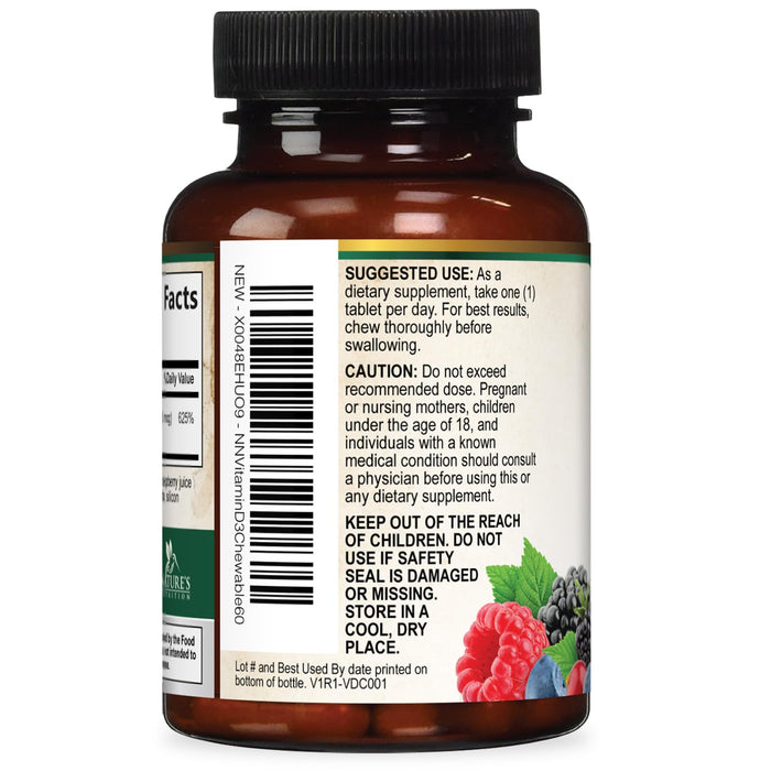 Vitamin D3 5000 IU (125 mcg) Nature's Extra Strength Vitamin D Supplement Chewable for Immune Support Health - Bone, Teeth and Muscle Supplements - Sugar Free, Non-GMO, Gluten Free - 60 Count Tablets