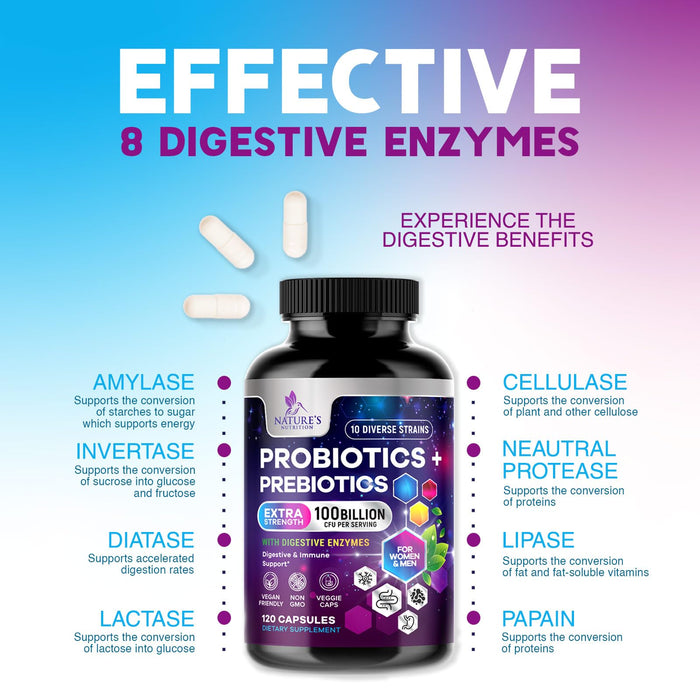 Probiotics for Women & Men 100 Billion CFU - 10 Strains with Lactobacillus, Digestive Gut Health Probiotics & Immune Support Supplement, Supports Occasional Constipation, Gas & Bloating - 120 Capsules