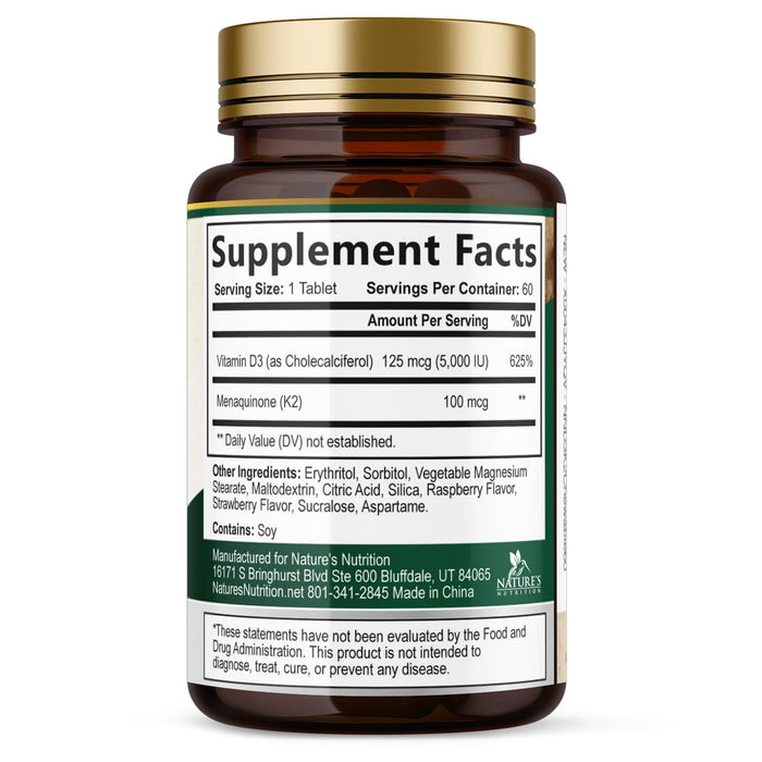 Vitamin D3 K2 Supplement | 5000 IU D3 + K2 100 mcg | MK-7 K2 with Vitamin D | Supports Immune, Heart, Teeth & Bone Health - Nature's Easy to Chew, VIT D3 K2, Non-GMO, Tasty Berry Flavor - 60 Tablets