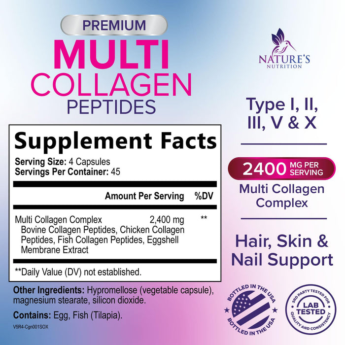 Multi Collagen Peptides Supplement - Hydrolyzed Types I, II, III, V & X Multi Collagen Pills, Hydrolyzed Collagen Peptides Supplements, Hair, Skin, Nail, and Joint Support Supplement, 180 Capsules
