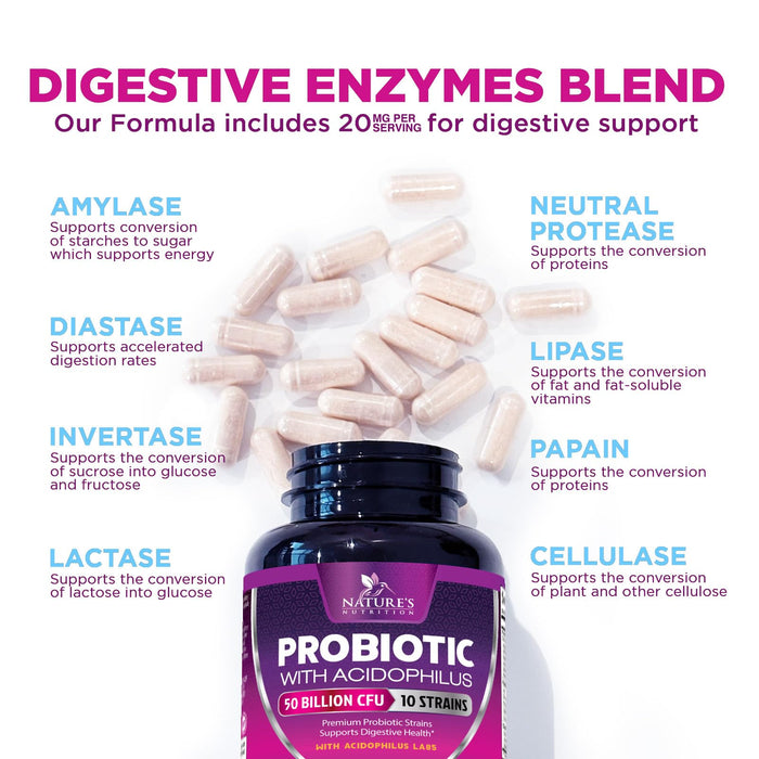 Probiotics 60 Billion CFU per Serving - 10 Strains + Prebiotics - Digestive Health, Gut & Immune Support - Supports Occasional Constipation, Gas & Bloating for Women & Men Shelf Stable - 180 Capsules