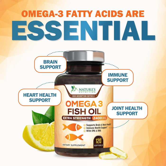 Omega 3 Fish Oil 2400 mg – Triple Strength EPA & DHA Fatty Acids for Heart, Brain & Joint Support – Wild-Caught, Burpless, Lemon Flavor Supplement – Natural, Non-GMO, Gluten-Free – 120 Softgels