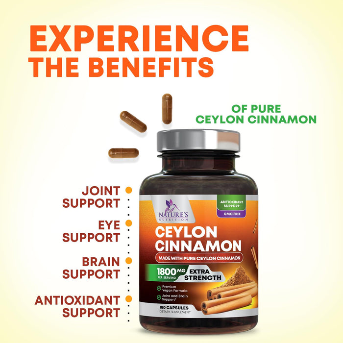Organic Ceylon Cinnamon Supplement 1800mg - Certified Organic Ceylon Cinnamon Powder Pills - Energy & Heart Support for Women & Men, Bottled in USA, Antioxidant, Gluten Free, Non-GMO - 180 Capsules