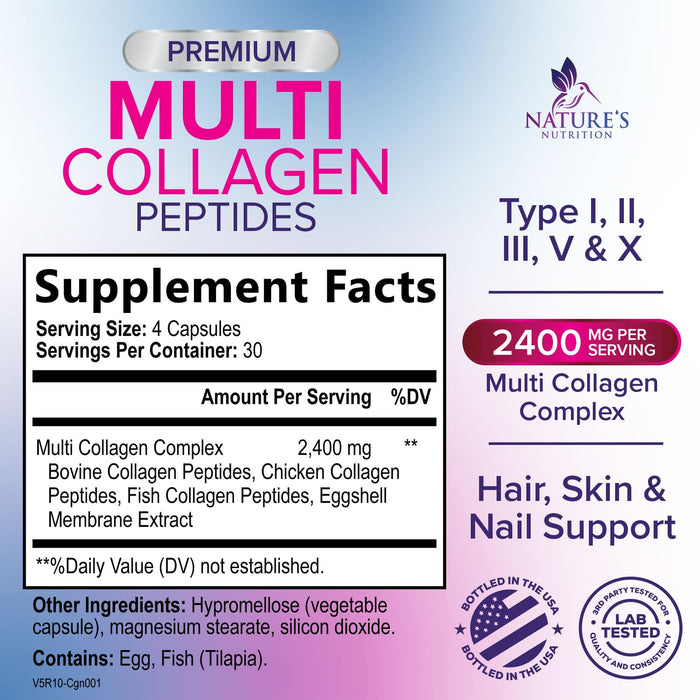 Multi Collagen Peptides Supplement - Hydrolyzed Types I, II, III, V & X Multi Collagen Pills, Hydrolyzed Collagen Peptides Supplements, Hair, Skin, Nail, and Joint Support Supplement, 120 Capsules