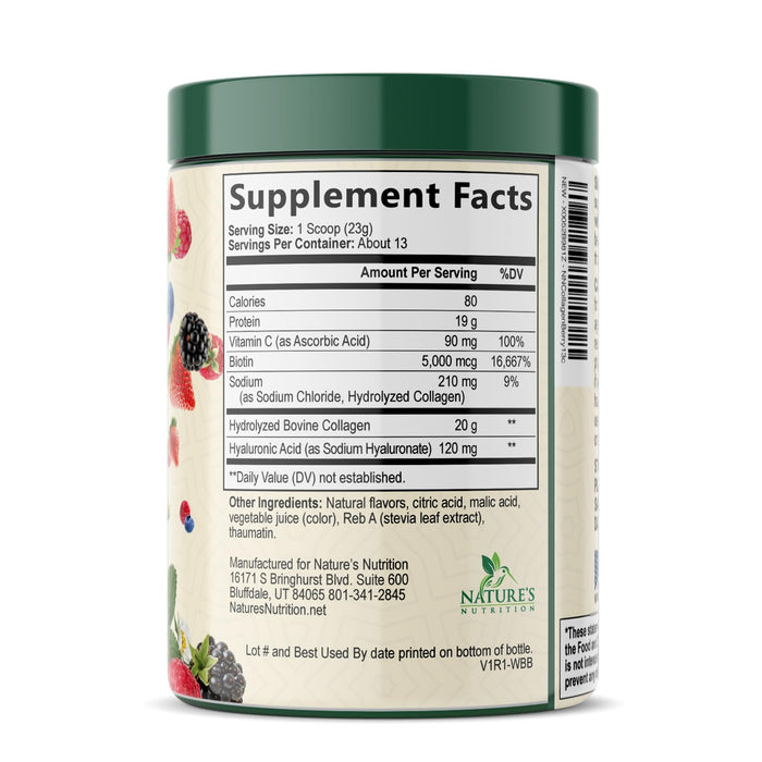 Collagen Peptides Powder 20g - Hydrolyzed Type 1 & 3 Berry Flavor Collagen Powder - Biotin, Hyaluronic Acid, Vitamin C - Hair, Skin, & Nails Support Supplement for Women & Men - Bottled in USA, 10.5oz