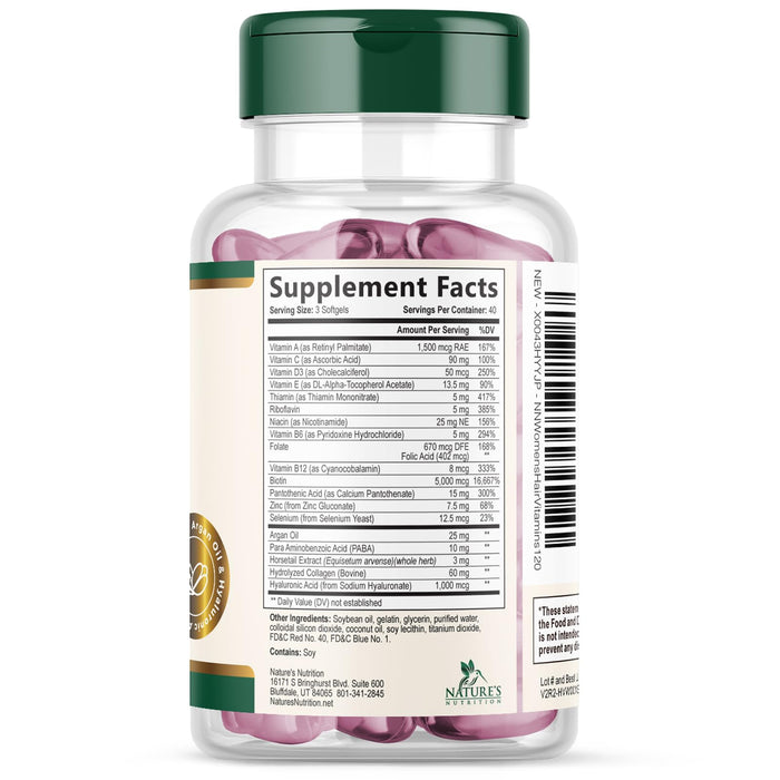 Hair Vitamins Biotin 5000 mcg Collagen for Hair Skin and Nails Vitamin Nature's, Supports Supplement Fast Fuller Thicker Healthy Growth Support, with Hyaluronic Acid Women & Men, Non-GMO, 120 Softgels