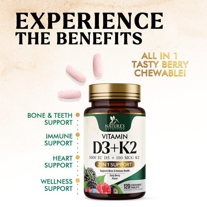 Vitamin D3 K2 Supplement | 5000 IU D3 + K2 100 mcg | MK-7 K2 with Vitamin D | Supports Immune, Heart, Teeth & Bone Health - Nature's Easy to Chew, VIT D3 K2, Non-GMO, Tasty Berry Flavor - 120 Tablets