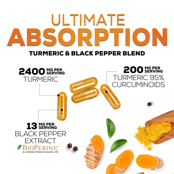 Turmeric Curcumin Supplement with BioPerine 95% Curcuminoids 2600mg with Black Pepper for Best Absorption, Bottled in USA, Best Natural Vegan Joint Support, Nature's Non-GMO Tumeric - 240 Capsules