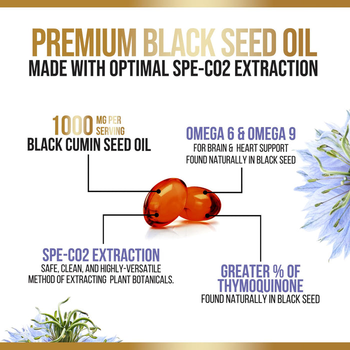 Black Seed Oil Softgels 1000mg - Premium Nigella Sativa Blackseed, Pure Natural Black Cumin Seed Oil & Antioxidant for Skin & Immune Support - Non GMO, Bottled in USA Supplement - 60 Softgels