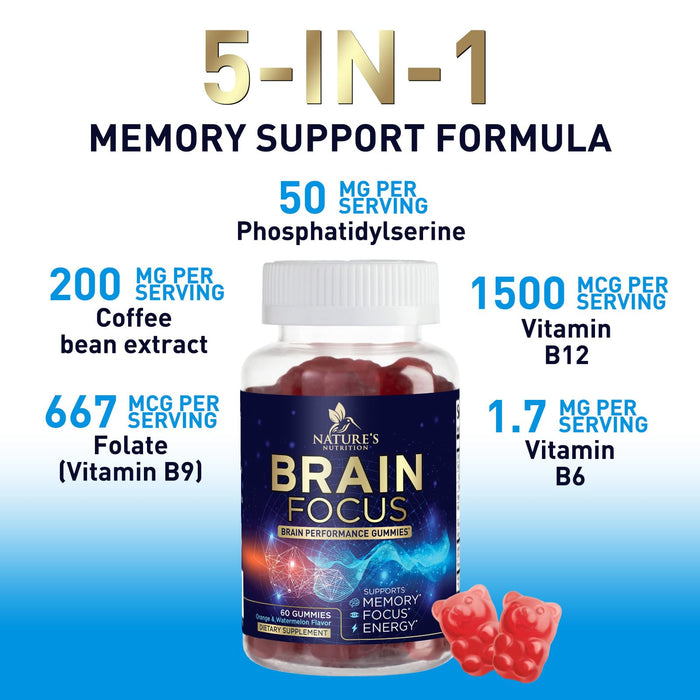 Brain Supplements for Memory and Focus with Phosphatidylserine, Nootropic Memory Supplement Gummy for Brain Health, Concentration, Mental & Cognitive Support, Focus Vitamins with B6 & B12-60 Gummies