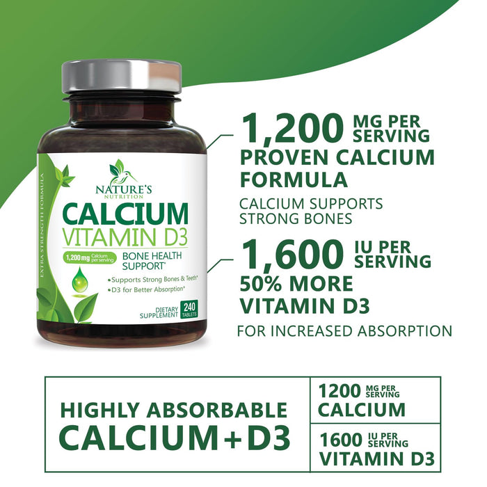 Calcium Supplement with Vitamin D - 1200 mg Calcium Carbonate with 1600 IU of D3 Vitamins - Supports Bone Strength, Teeth & Immune System - Natural & Easily Absorbable for Women & Men - 240 Tablets