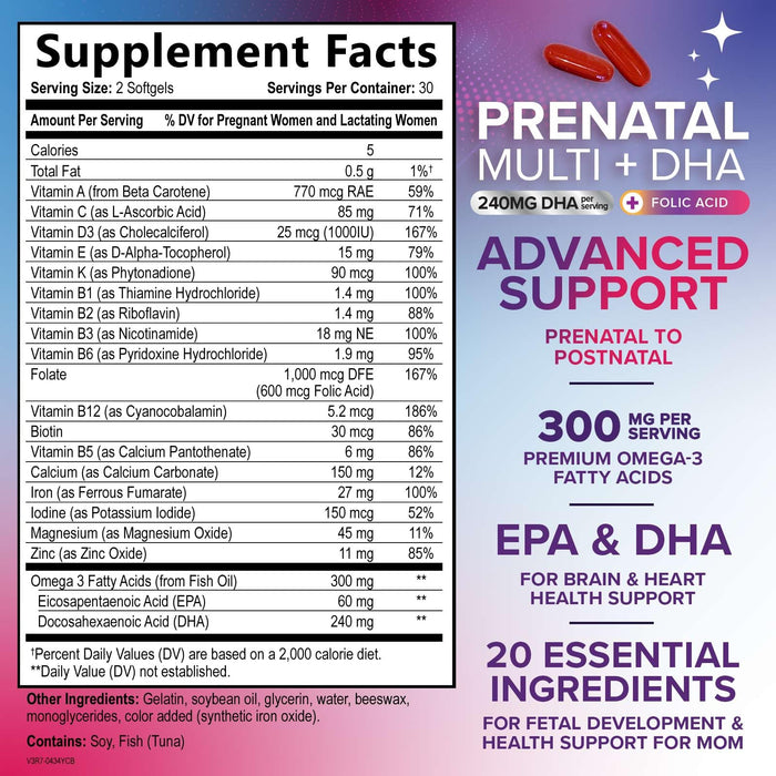 Prenatal Vitamins with Folic Acid & DHA, Fetal Brain Development Support with Folate & Omega 3's, Prenatal Multivitamin for Women, Vitamin A, C, D, B6, B12 & Iron, Pregnancy Supplement - 60 Softgels