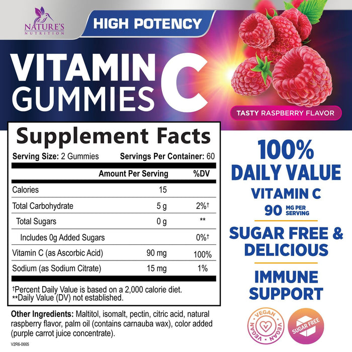 Zero Sugar Vitamin C Gummies - Immune Support & Antioxidant VitaminC Dietary Supplement - Vegan, Non-GMO, Dairy & Gluten Free C Vitamin Gummy - Raspberry Flavor for Kids & Adults - 120 Count Gummies