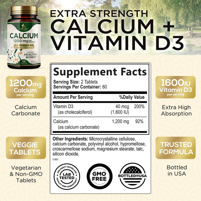 Calcium 1200 mg with Vitamin D3, Calcium Supplement Vitamins, Supports Bone Strength, Teeth & Immune System, Calcium Supplements for Women & Men, Nature's Absorbable Calcium Carbonate - 120 Tablets
