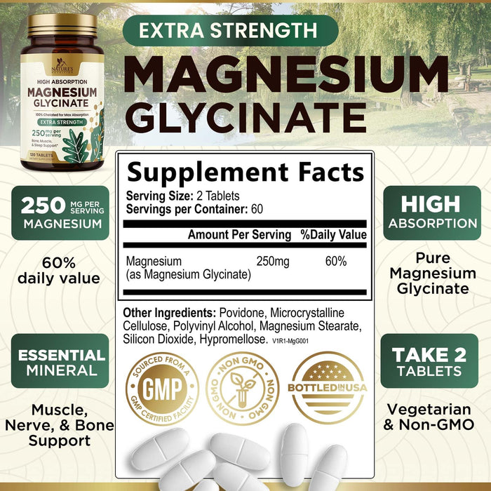 Magnesium (Glycinate) - Magnesium Supplement for Heart Health, Nerve, Muscle, Bone, and Sleep Support - 100% Chelated & High Absorption - 250 mg per Serving - Gluten Free, Vegan, Non-GMO - 120 Count