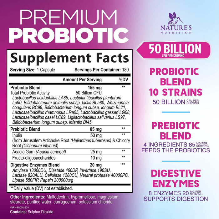 Probiotics 60 Billion CFU per Serving - 10 Strains + Prebiotics - Digestive Health, Gut & Immune Support - Supports Occasional Constipation, Gas & Bloating for Women & Men Shelf Stable - 180 Capsules