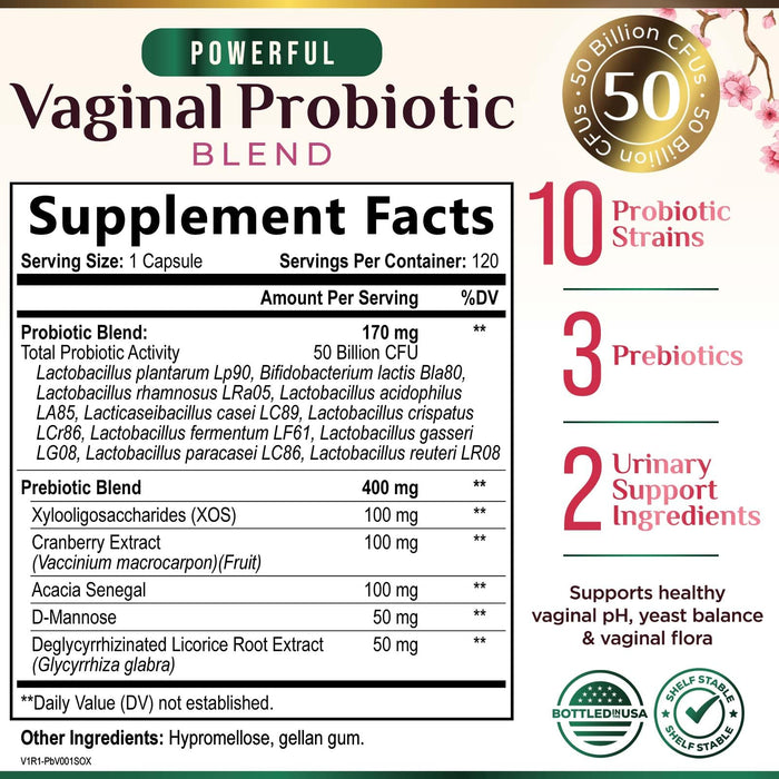 Vaginal Probiotic + Cranberry & Prebiotics 50 Billion CFU - 120 Capsules