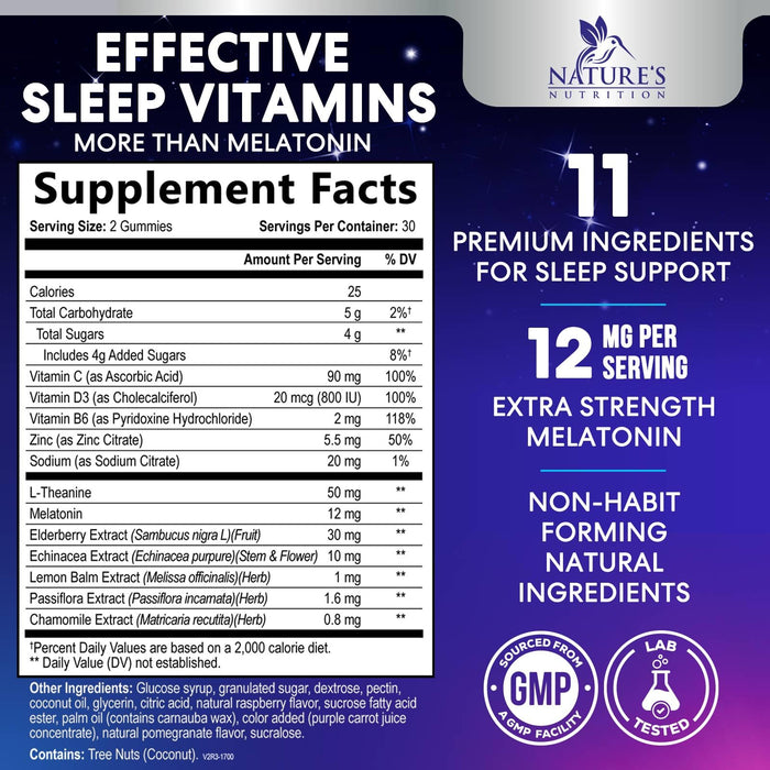 Sleep Gummies with Melatonin 12 mg - Extra Strength Sleep Vitamin Gummy, Natural Melatonin Gummy, Occasional Sleep Support Supplement for Adults, Vegan, Non-GMO, Gomitas para Dormir - 60 Gummies