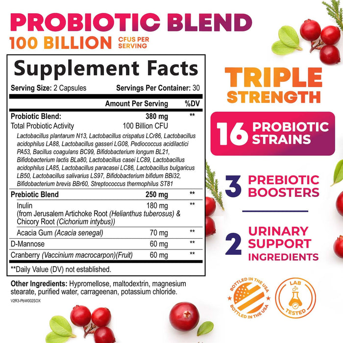 Probiotics for Women - 90 Billion CFU 16 Probiotic Strains with Cranberry, Vaginal Probiotics with Prebiotics PH, Digestive, UT, Immune, & Feminine Health Support, Pro Biotics for Women, 60 Capsules