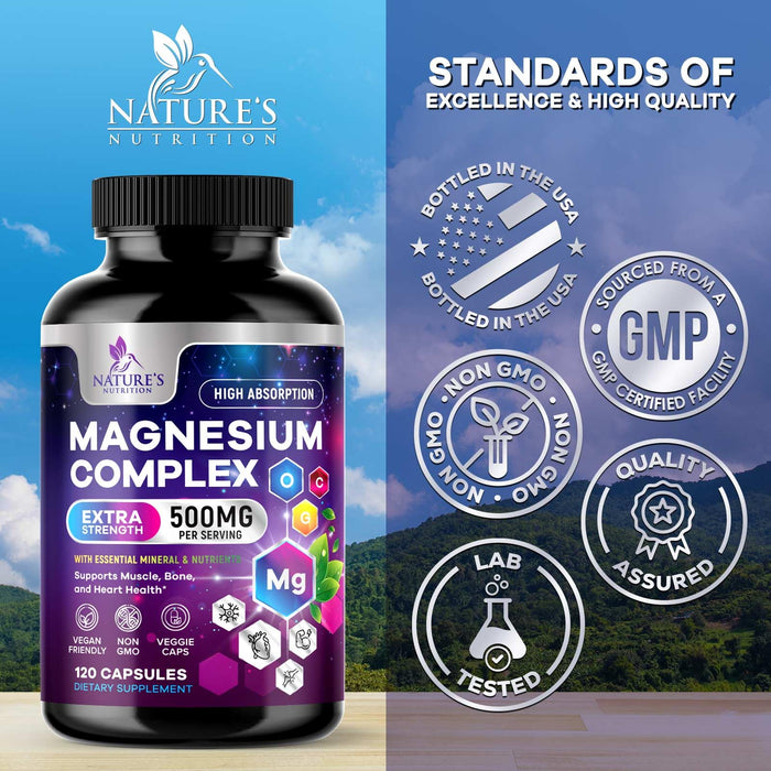 Magnesium Complex Supplement 500 mg - 4 in 1 High Absorption Chelated Magnesium Glycinate, Malate, Citrate, Oxide, Aquamin - Non-GMO Magnesio Capsules, Bone Muscle & Heart Health Support, 120 Capsules