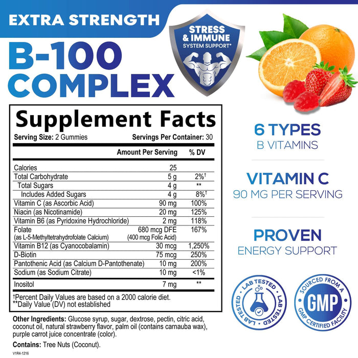 B Complex Supplement Gummies with Vitamin C & Folic Acid, Extra Strength Super Vitamin B Gummy with Niacin, B6, Folic Acid, B12, Biotin, Nature's Energy Immune Support Supplements - 60 Gummies