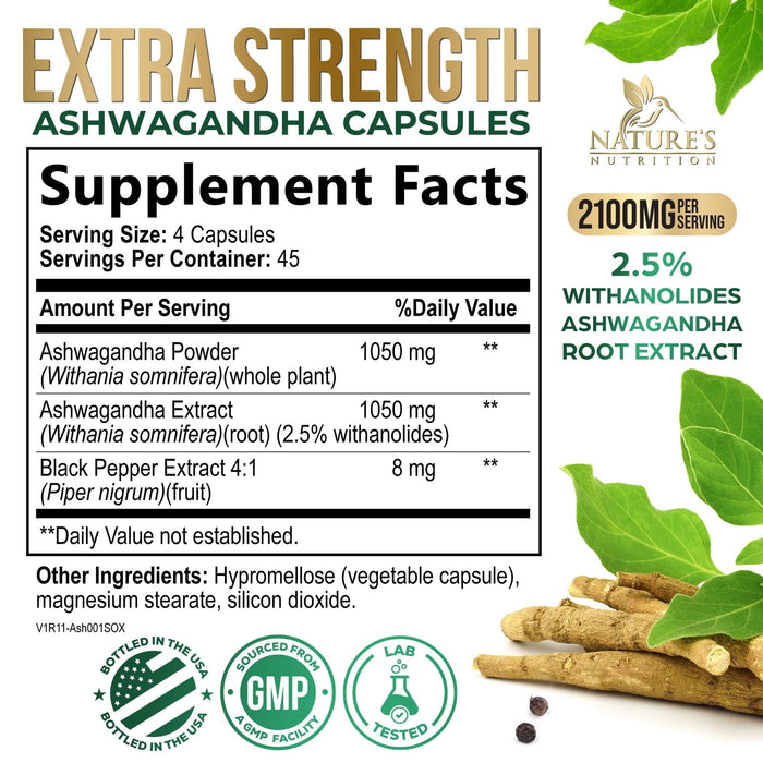 Ashwagandha Capsules for Women & Men - 2100mg Ashwagandha Supplement, Natural Antioxidant Support, Ashwa Root Extract, Extra Strength Calm Support with Black Pepper, Vegan & Gluten Free - 180 Capsules