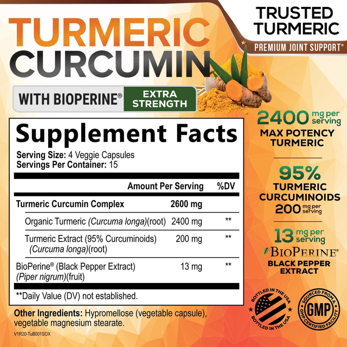 Turmeric Curcumin Supplement with BioPerine 95% Curcuminoids 2600mg with Black Pepper for Best Absorption, Bottled in USA, Best Natural Vegan Joint Support, Nature's Non-GMO Tumeric - 60 Capsules