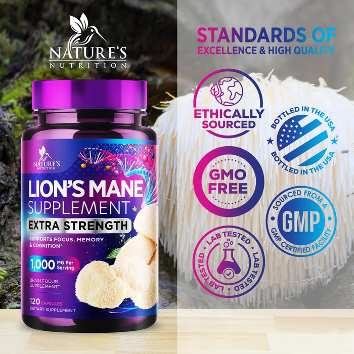 Lions Mane Mushroom Supplement - Brain Health Support for Focus, Memory, Cognition & Immune Support - Nature's Nootropic Lion's Mane Mushroom Extract Non-GMO, Vegetarian & Gluten Free - 120 Capsules