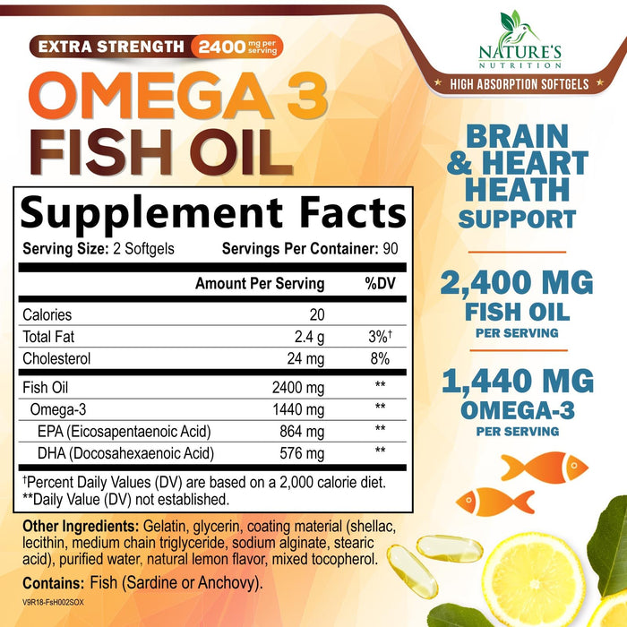 Omega 3 Fish Oil 2400 mg – Triple Strength EPA & DHA Fatty Acids for Heart, Brain & Joint Support – Wild-Caught, Burpless, Lemon Flavor Supplement – Natural, Non-GMO, Gluten-Free – 180 Softgels
