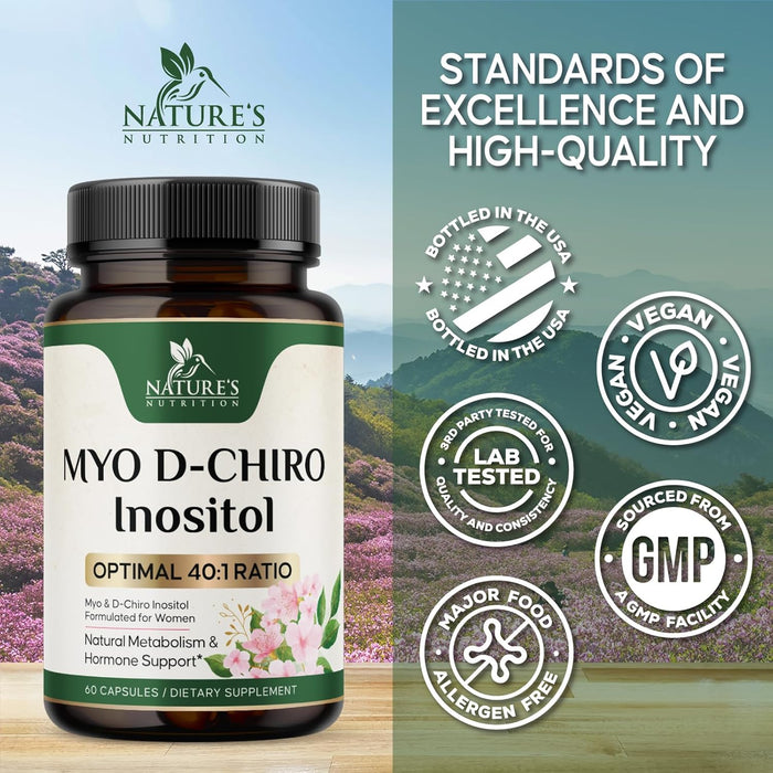 Myo-Inositol & D-Chiro Inositol 1025mg - 40:1 Ideal Ratio for Ovarian Support, Vegan Myo & D Chiro Supplement for Women's Natural Balance and Hormone Support, Vitamin B8, Non-GMO - 60 Capsules