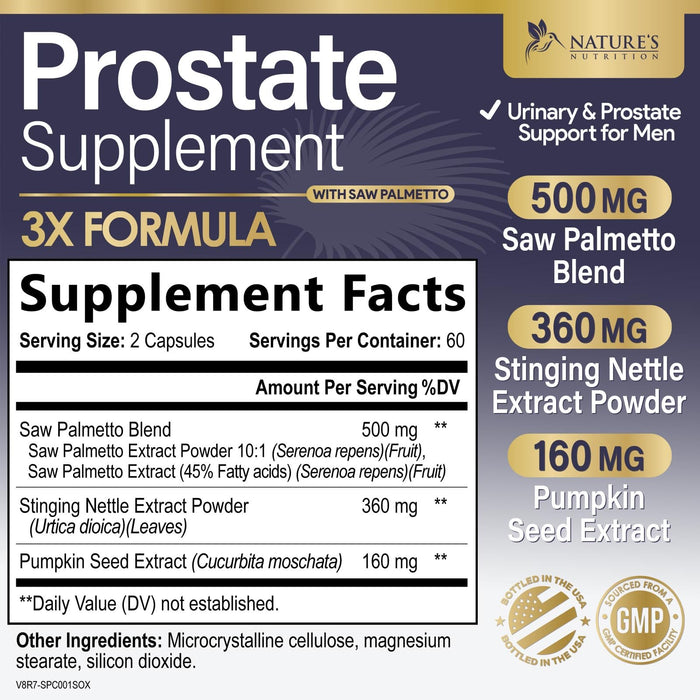 Prostate Health Supplements for Men - Support Complex 3X Formula with Saw Palmetto Blend Stinging Nettle Root & Pumpkin Seed Extract - Supports Bathroom Trips Prostate & Urinary Health - 120 Capsules